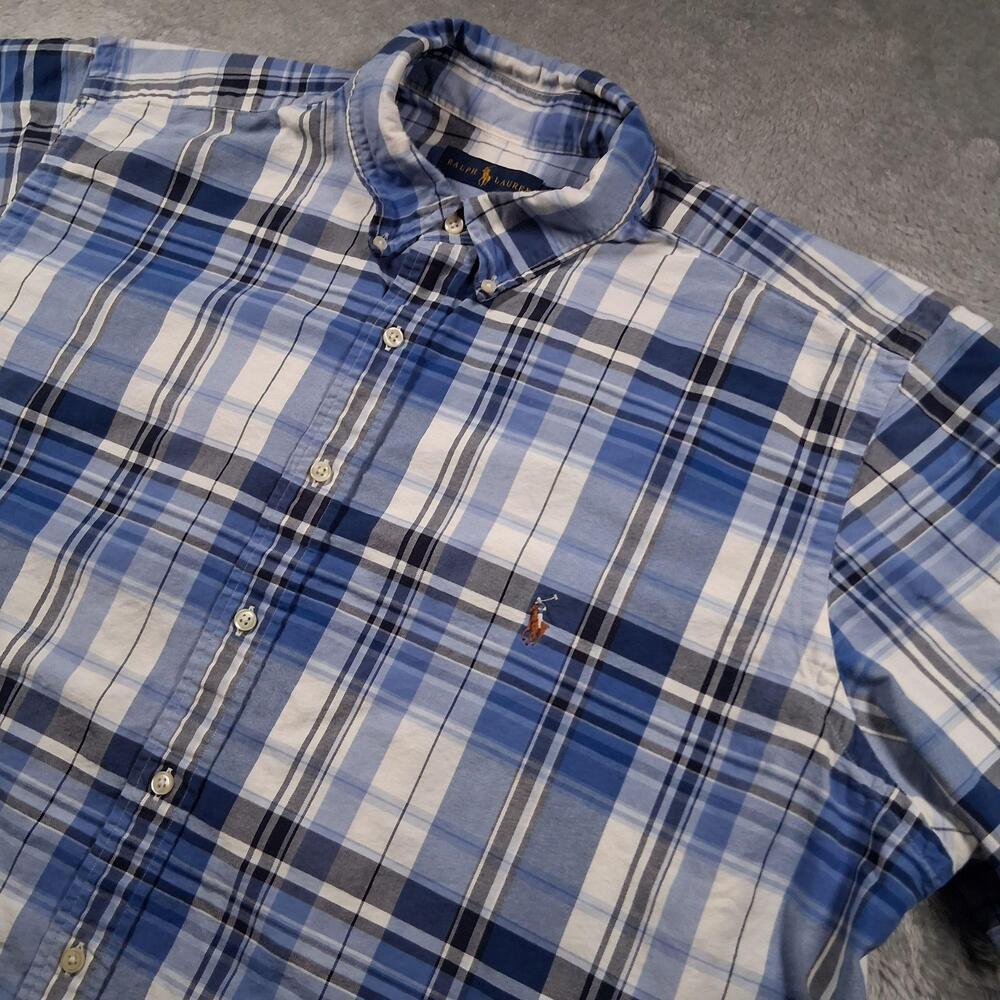 Ralph Lauren Shirt Mens Big 2X Blue Plaid Short Sleeve Button Down Pony Logo